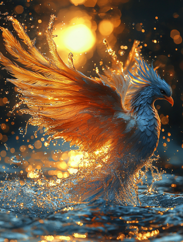 A majestic blue phoenix rises from river at sunrise