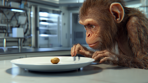 A makak reaching for a peanut in a lab