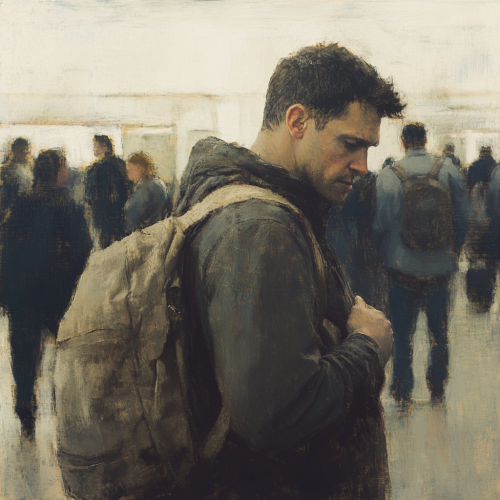 A man adjusts backpack at security checkpoint peacefully