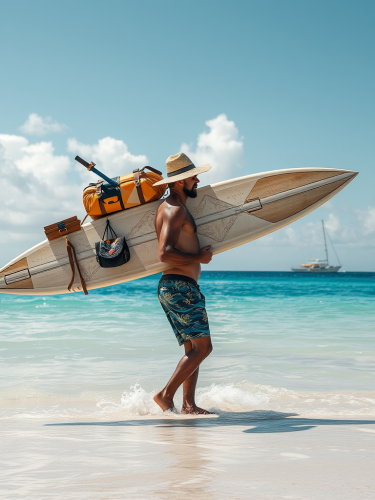 A man carrying surfboard and beach gear.