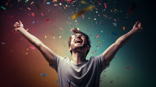 A man celebrates in bright photorealistic victory