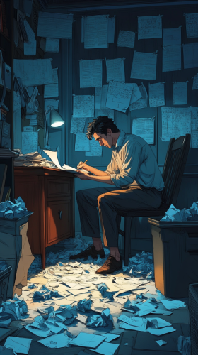 A man drawing cartoons in messy room