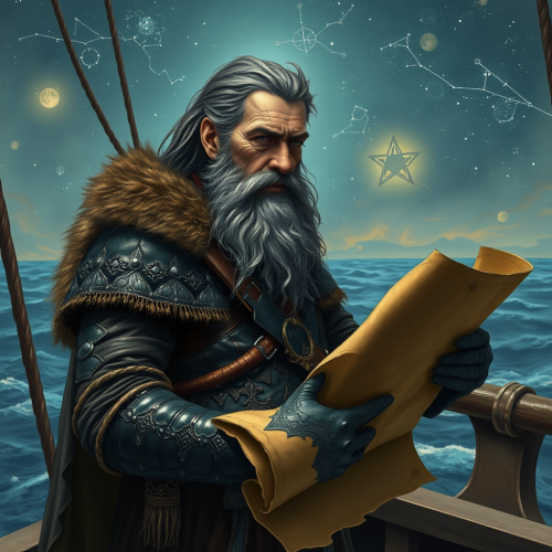 A man druid on a ship with stars.