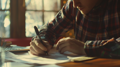 A man filling out papers under natural light