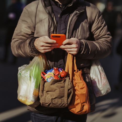 A man holds groceries, toys, phone under sunlight.