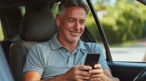 A man in a car smiling at his phone