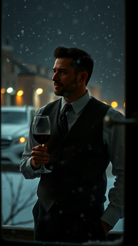 A man in a tie watches snow from window.