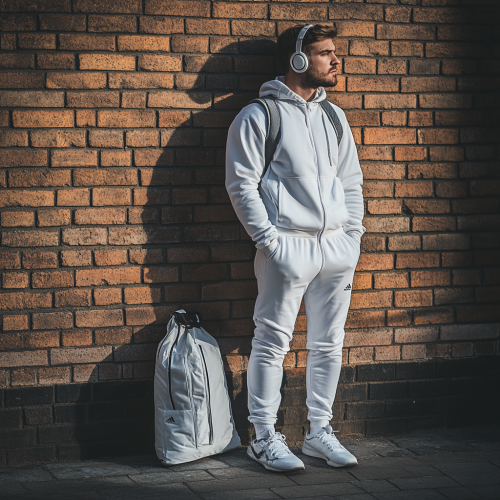 A man in all white outfit by brick wall