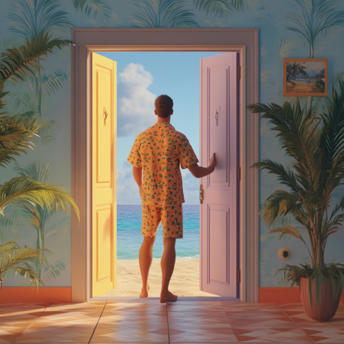 A man in beach attire opening door