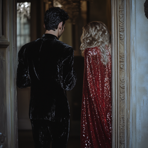 A man in black sequin suit peeping through door.