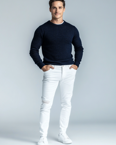 A man in casual outfit on blue backdrop