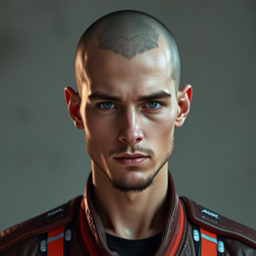 A man in futuristic clothes with facial hair.