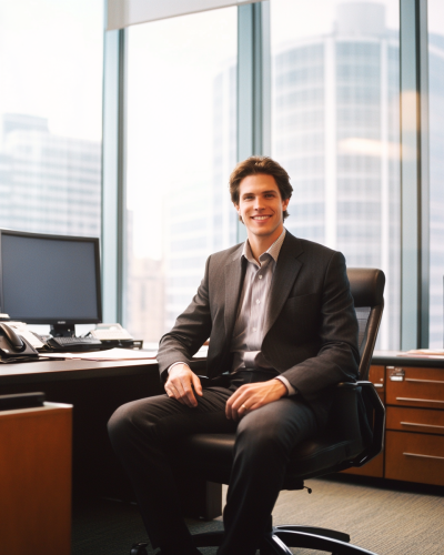 A man in suit smiles behind office desk
