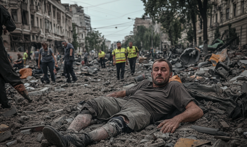 A man injured in Ukraine, devastated city street.