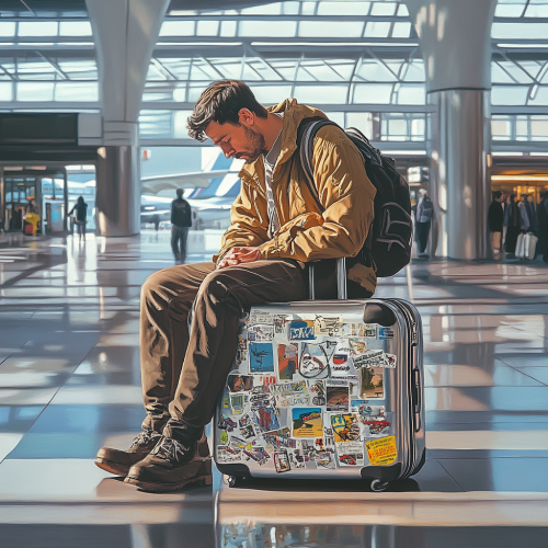 A man sits on suitcase covered in travel stickers