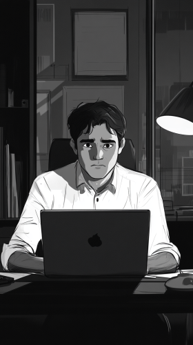 A man sitting at desk with laptop, looking bored