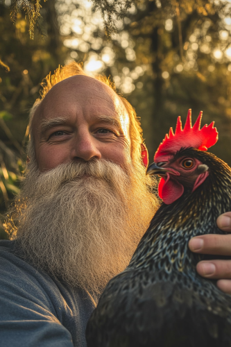 A man with a beard takes selfie with chicken in Montana ranch