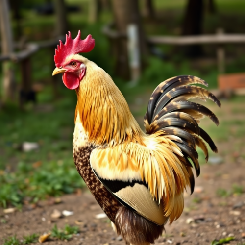 A man with a chicken beside him.