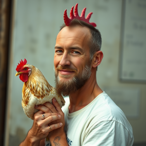 A man with a chicken friend.