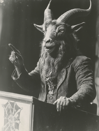 A man with a goat and demonic horns speaking.