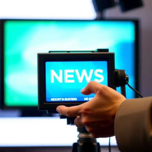A man with large hands holds news teleprompter.