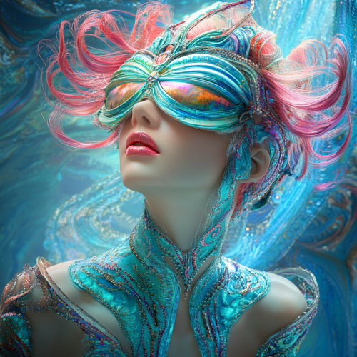 A mannequin in colorful outfit with pink hair.