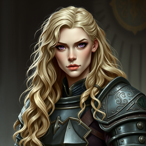 A medieval androgynous female warrior with purple eyes.