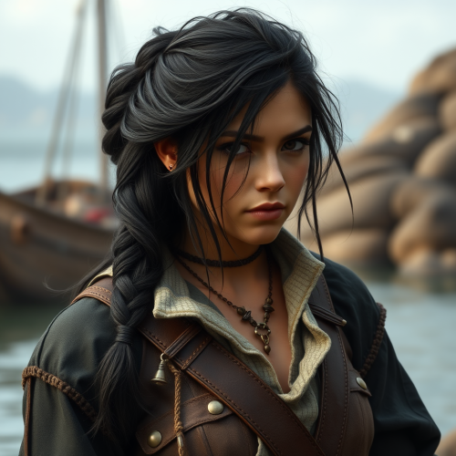 A medieval female pirate with black hair.