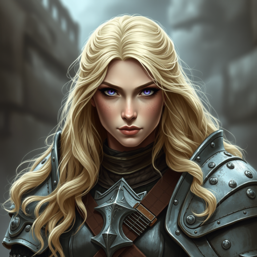 A medieval female warrior with long blonde hair.