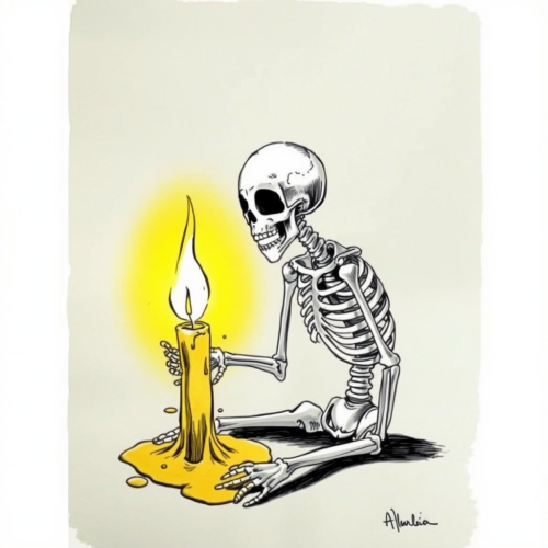A melting skeleton in a candle sketch.