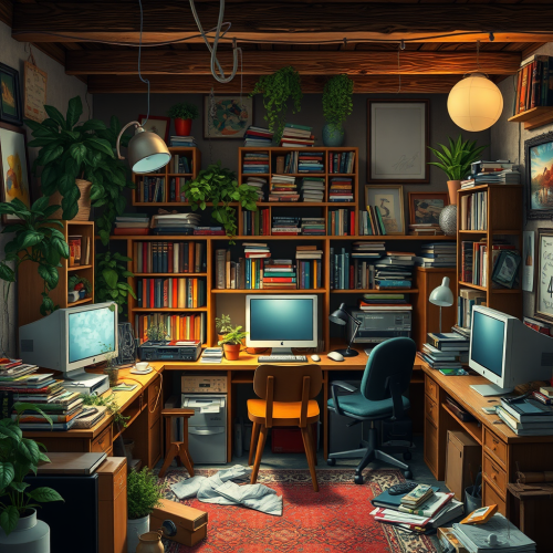 A messy teenager's room with many objects.