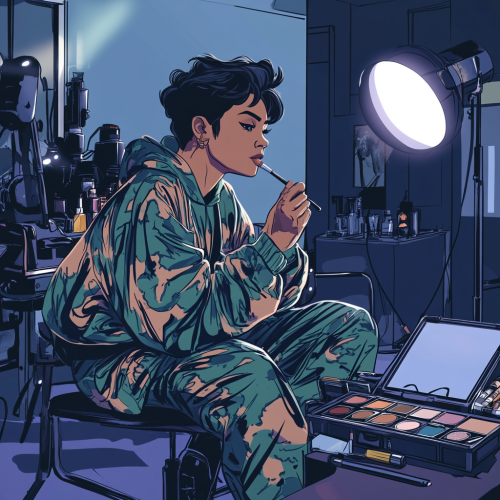 A meticulous makeup artist on film set.