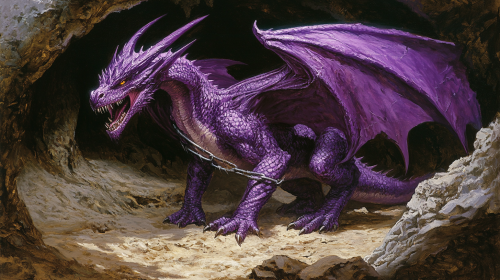 A mighty purple dragon in a cave roaring