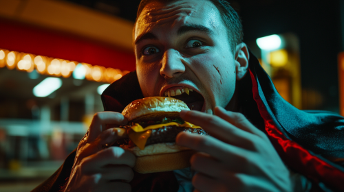 A millennial wearing a vampire cape eats burger
