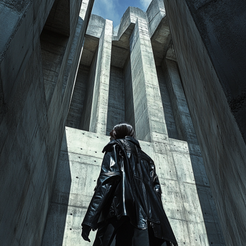 A model wearing big black jacket in maze