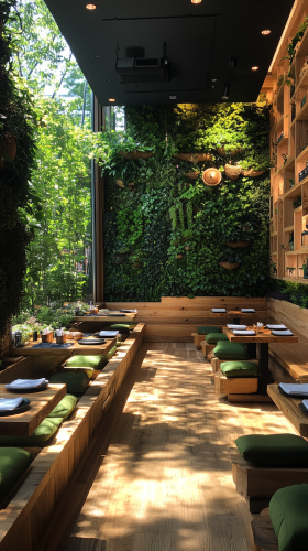 A modern, eco-themed restaurant with nature-inspired design