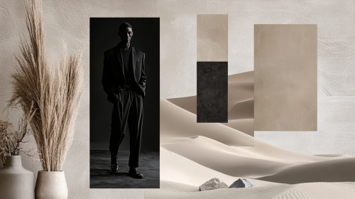 A modern desert fashion design in charcoal and brown