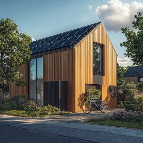 A modern house with bike, solar panels, and tree-lined street.