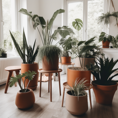 A modern house with indoor plants and frames