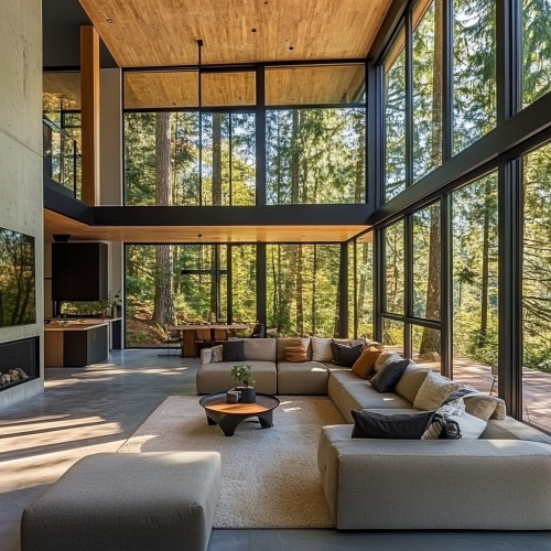 A modern house with large windows and open spaces