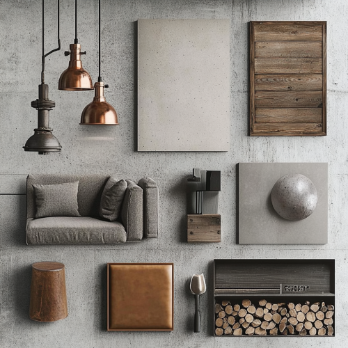 A modern industrial style moodboard with various elements