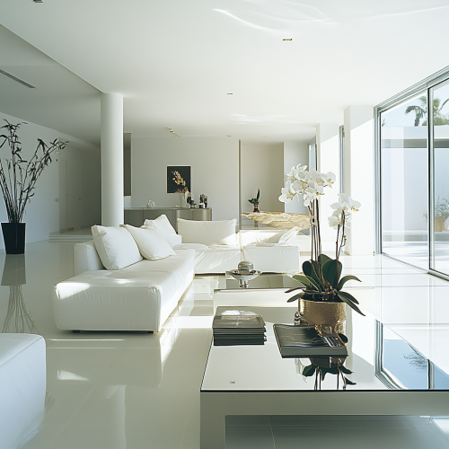 A modern living room with white and metal