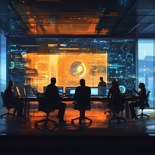 A modern office with diverse team and tech.