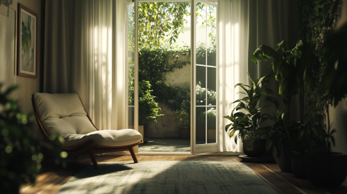 A modern room with garden balcony door opening