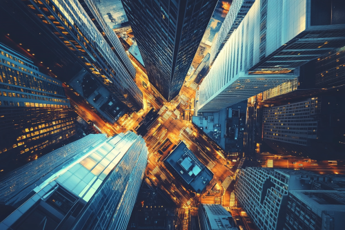 A modern skyscraper in a bustling cityscape