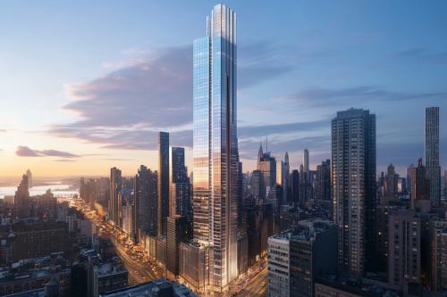 A modern skyscraper in bustling city setting