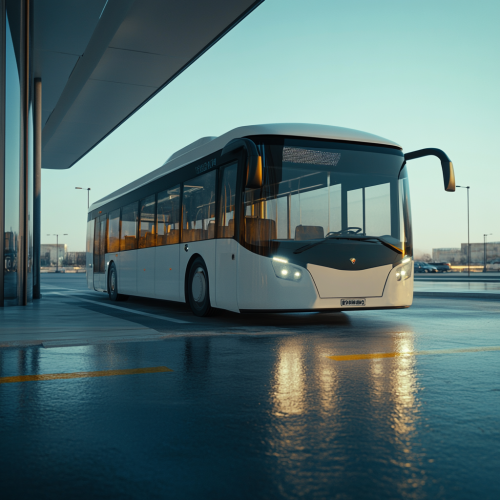 A modern white bus with LED lights parked.
