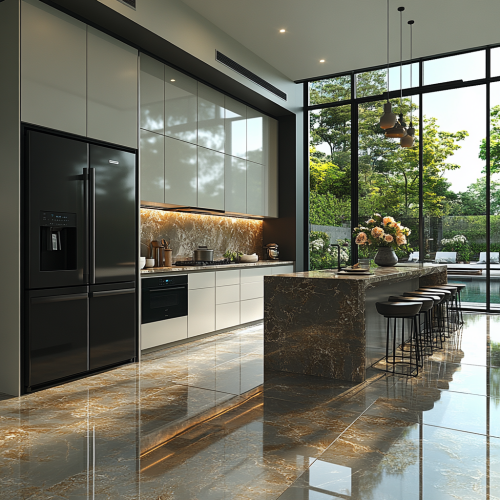 A modern white kitchen with black appliances