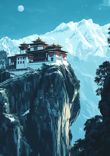 A monastery on cliff with snowy mountains backdrop