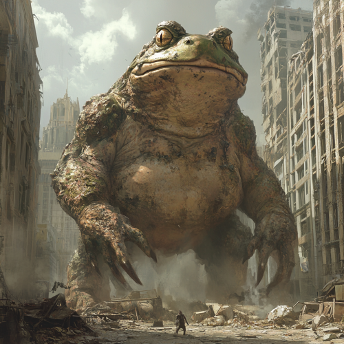 A monstrous frog destroying city with roaring mouth